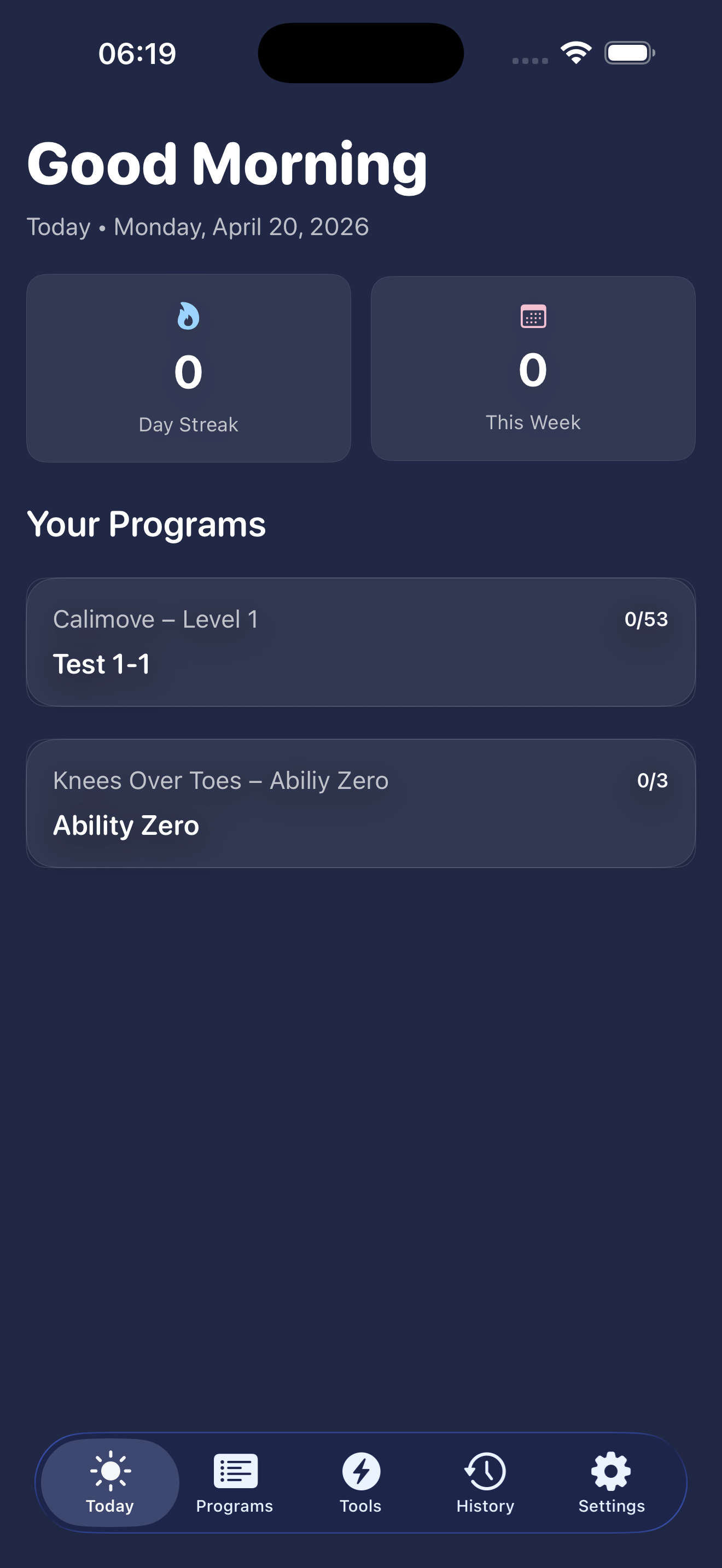 Today Screen — streak, weekly count, and active programs